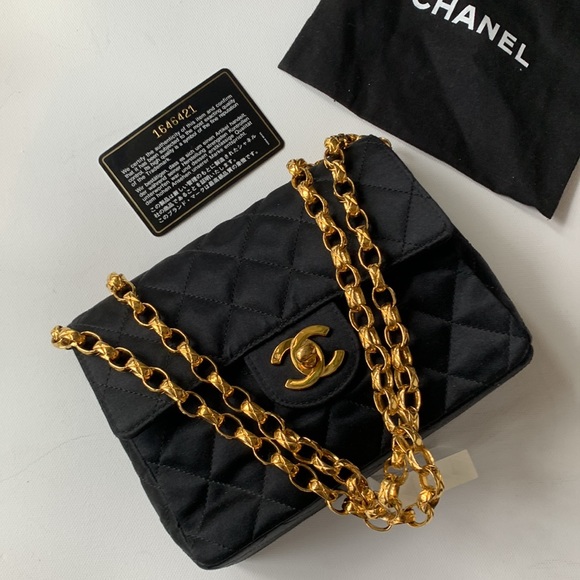CHANEL 🖤RARE Vintage “1” Series Real Gold Bijoux Chain Black Satin Quilted Bag - Picture 1 of 16